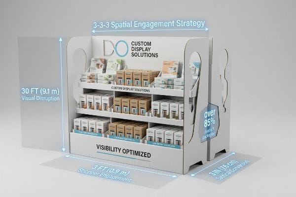 Do Custom Display Solutions floor display, illustrating 3-3-3 Spatial Engagement Strategy for retail visibility.