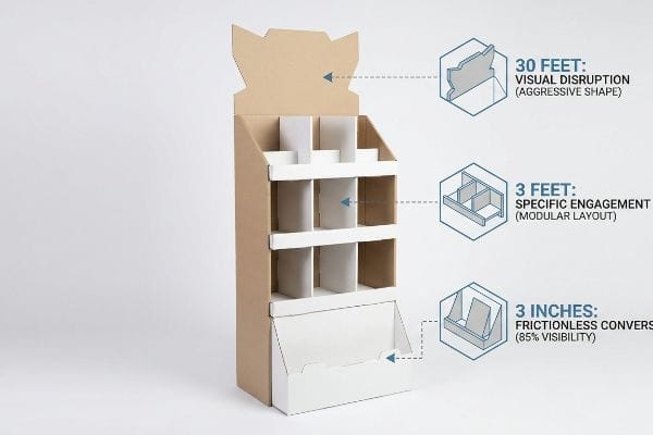 Brown and white cardboard POP display illustrating the 3-3-3 spatial engagement framework with Visual Disruption, Modular Layout, and 85% Visibility for Frictionless Conversions.