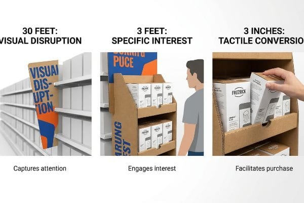 3-3-3 Engagement Factor Visual Disruption sign, Fruzick products in cardboard display, and hand picking a box, demonstrating 3-3-3 engagement.