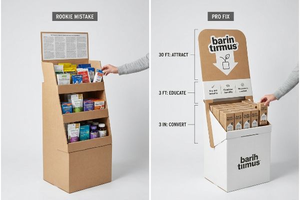 Cardboard retail displays comparing a 'Rookie Mistake' multi-shelf unit with small text to a 'Pro Fix' barin tirmus bin display using 3-3-3 spatial engagement.