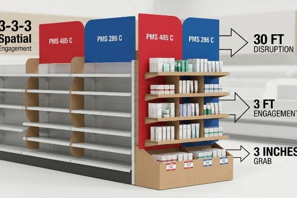 End cap display, 3-3-3 Spatial Engagement: 30 Ft Disruption, 3 Ft Engagement, 3 Inches Grab. Pms 485 C red, Pms 286 C blue headers.