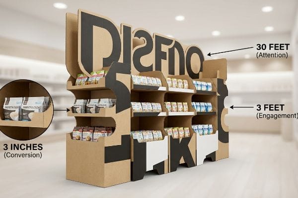 Multi-tiered cardboard POP display illustrating the 3-3-3 Spatial Engagement Rule, showing 30 Feet Attention, 3 Feet Engagement, and 3 Inches Conversion zones.