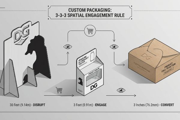 DG custom packaging diagram illustrates the 3-3-3 Spatial Engagement Rule: 30 feet Disrupt, 3 feet Engage, 3 inches Convert, with floor and counter displays.