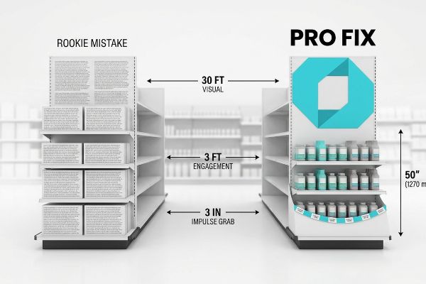 Retail display comparison: 'Rookie Mistake' vs. 'Pro Fix' with 30 Ft Visual, 3 Ft Engagement, 3 In Impulse Grab, 50-inch height.