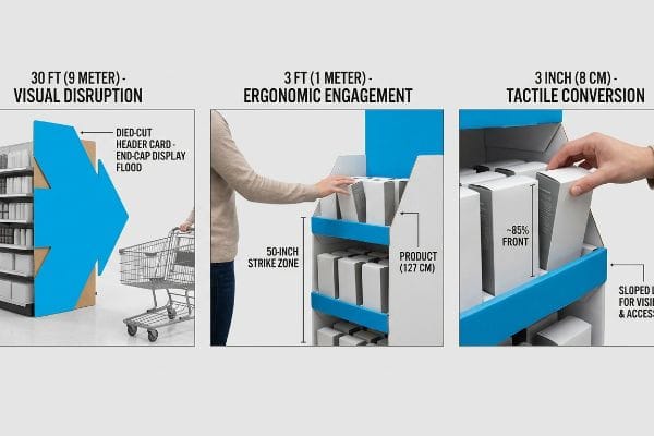 Three panels illustrate the 3-3-3 Spatial Engagement Rule: Visual Disruption with a die-cut end-cap, Ergonomic Engagement at the 50-inch Strike Zone, and Tactile Conversion with 85% product visibility.