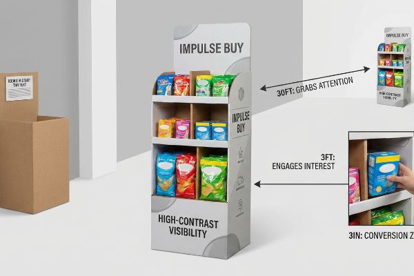 Multi-tiered retail display rack illustrating the 3-3-3 Spatial Engagement Rule, highlighting 'Impulse Buy' and 'High-Contrast Visibility' with visual cues for 30ft, 3ft, and 3in shopper interaction zones, next to a 'Rookie Mistake Tiny Text' box.