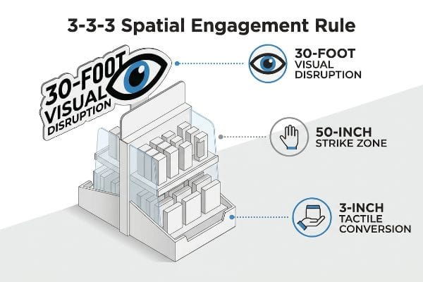 Illustration isométrique d'un présentoir de vente au détail blanc démontrant la règle d'engagement spatial 3-3-3, mettant en évidence la perturbation visuelle de 30 pieds, la zone de frappe de 50 pouces et la conversion tactile de 3 pouces.