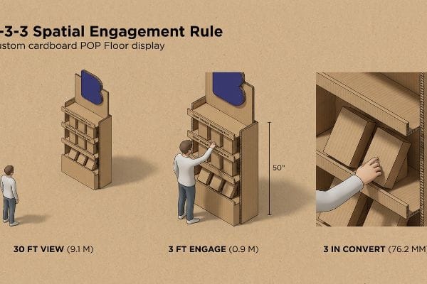 Cardboard POP floor display demonstrating the 3-3-3 Spatial Engagement Rule, showing customer interaction at 30 Ft View, 3 Ft Engage, and 3 In Convert stages, with a 50-inch height.