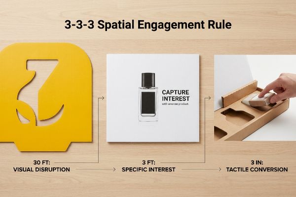 A diagram illustrates the 3-3-3 Spatial Engagement Rule: 30 Ft Visual Disruption with a yellow die-cut shape, 3 Ft Specific Interest featuring a perfume bottle, and 3 In Tactile Conversion in a brown cardboard box.