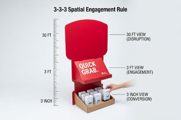 Red and brown cardboard point-of-sale display demonstrating the 3-3-3 Spatial Engagement Rule, with 'Quick Grab.' text, a hand reaching for products, and zones for 30 Ft View (Disruption), 3 Ft View (Engagement), and 3 Inch View (Conversion).
