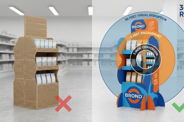 Corrugated cardboard display failing to engage contrasted with a Brond rocket-shaped unit demonstrating the 3-3-3 Spatial Engagement Rule: 30 Feet Visual Disruption, 3 Feet Engagement, 3 Inch Conversion.
