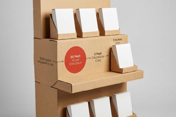 Cardboard POP display illustrating the 3-3-3 Spatial Engagement Rule with text '30 Feet: Visual Disruption', '3 Feet: Educational Copy', and '3 Inches: Grab' alongside white product boxes.