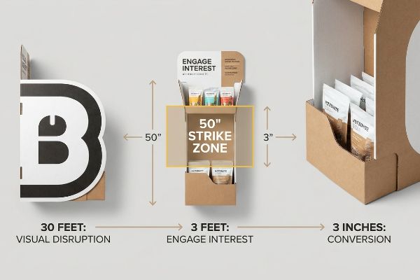 Three corrugated retail displays illustrate the 3-3-3 Spatial Engagement Rule, detailing 30 Feet Visual Disruption with a large 'B' shape, 3 Feet Engage Interest in a 50-Inch Strike Zone, and 3 Inches Conversion.