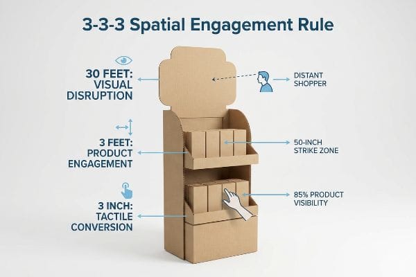 A corrugated cardboard retail display illustrates the 3-3-3 Spatial Engagement Rule, detailing 30 Feet Visual Disruption, 3 Feet Product Engagement, and 3 Inch Tactile Conversion, with a 50-inch Strike Zone and 85% Product Visibility.
