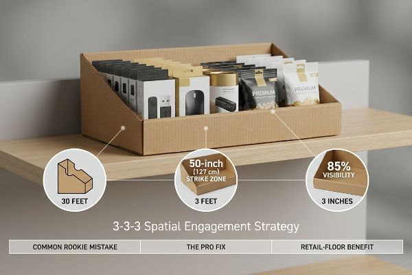Corrugated PDQ display on a wooden shelf, illustrating the 3-3-3 Spatial Engagement Strategy: 30 feet, 50-inch strike zone, 85% visibility.