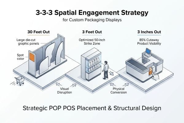 3-3-3 Spatial Engagement Strategy: 30ft visual disruption, 3ft 50-inch strike zone, 3in 85% product visibility.