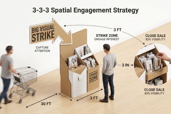 Cardboard point-of-purchase display illustrating the 3-3-3 Spatial Engagement Strategy, showing Big Visual Strike at 30 ft, Strike Zone at 3 ft, and Close Sale with 85% visibility at 3 in.