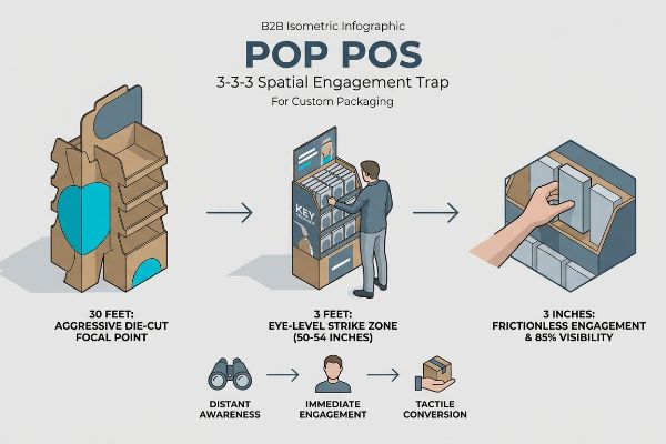 Die-cut cardboard Pop Pos display illustrates the 3-3-3 Spatial Engagement Trap for custom packaging.