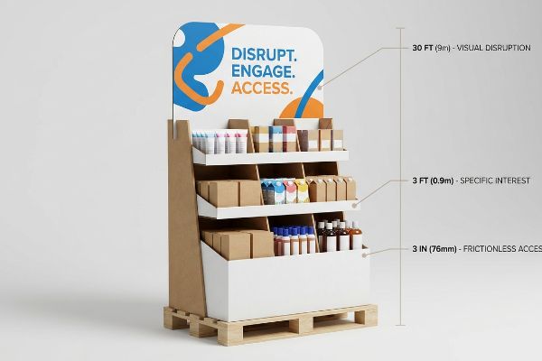 A multi-tiered cardboard retail display on pallets, featuring 'Disrupt. Engage. Access.' and spatial engagement zones: 30 ft, 3 ft, 3 in.