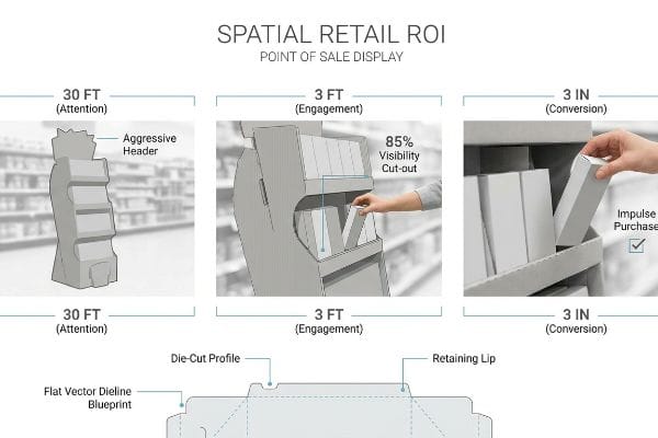 Detailed infographic illustrating the 3-3-3 Spatial Rule for Point of Sale displays, showing Attention, Engagement with 85% Visibility Cut-out, and Conversion for Impulse Purchase, plus a Flat Vector Dieline Blueprint.