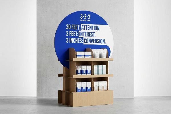 Cardboard retail display with a blue die-cut header illustrating the 3-3-3 Spatial Rule: 30 Feet: Attention, 3 Feet: Interest, 3 Inches: Conversion, stocked with product boxes.