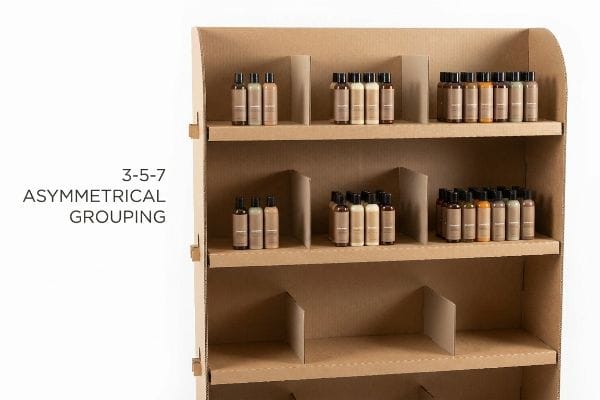 Corrugated cardboard multi-shelf display featuring small bottles arranged in 3-5-7 Asymmetrical Grouping with modular dividers.