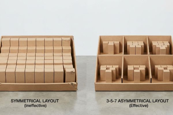 Two cardboard display trays show Symmetrical Layout (Ineffective) with dense boxes versus 3-5-7 Asymmetrical Layout (Effective) with spaced clusters.