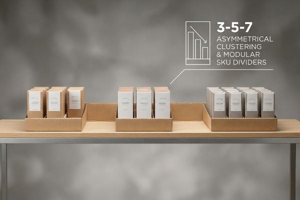 Corrugated trays display products using 3-5-7 Asymmetrical Clustering & Modular Sku Dividers on a wooden shelf.