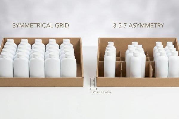 Tampon de réapprovisionnement asymétrique Plateaux en carton ondulé présentant des bouteilles blanches : Grille symétrique vs. Asymétrie 3-5-7 avec une marge de 0,25 pouce pour le réapprovisionnement.