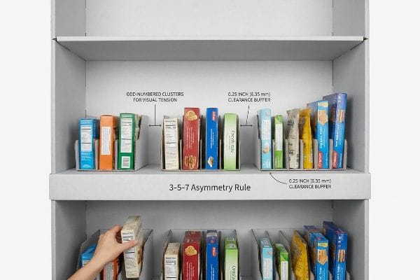 White multi-shelf display demonstrating 3-5-7 Asymmetry Rule and 0.25 Inch (6.35 Mm) Clearance Buffer.