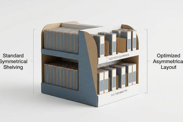 Asymmetrical Display Optimization A two-tiered paperboard retail display unit contrasts Standard Symmetrical Shelving with an Optimized Asymmetrical Layout, highlighting 0.25 Inch Clearance and 3-5-7 Asymmetry.