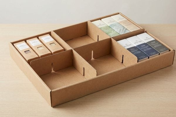 Brown cardboard display tray with modular dividers showcasing Dr. Bronner's bar soaps in 3-5-7 asymmetrical groupings.