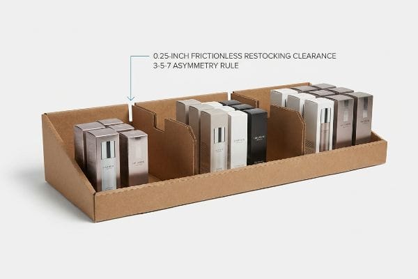 Brown corrugated display tray with modular dividers, showing products grouped by the 3-5-7 Asymmetry Rule and 0.25-inch Frictionless Restocking Clearance.