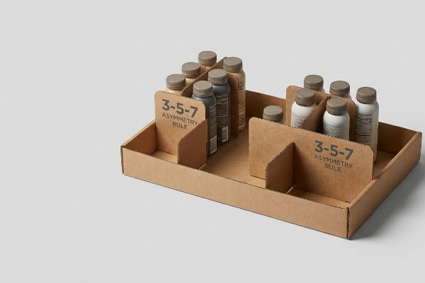 Corrugated cardboard retail-ready tray with modular dividers displaying beverage bottles in 3-5-7 Asymmetry Rule clusters.
