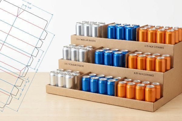 Beverage Display Dividers CAD Brown cardboard tiered display featuring 3-5-7 Modular Dividers and 0.25-Inch Clearance, stocked with assorted beverage cans, alongside a CAD file.