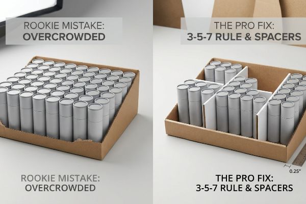Brown cardboard display trays illustrate an Overcrowded rookie mistake versus The Pro Fix 3-5-7 Rule & Spacers with 0.25-inch gaps.