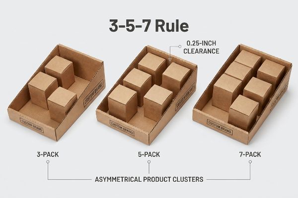 Cardboard display trays demonstrate the 3-5-7 Rule, showing asymmetrical product clusters with 0.25-inch clearance.