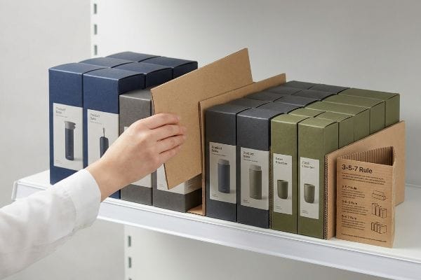 A hand adjusts a corrugated cardboard divider between blue, grey, and green 'Product Suite' boxes, next to a '3-5-7 Rule' display on a white shelf.