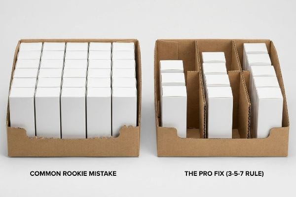3-5-7 Rule Merchandising Corrugated trays show a Common Rookie Mistake's symmetrical product grid versus The Pro Fix (3-5-7 Rule) with asymmetrical modular dividers.