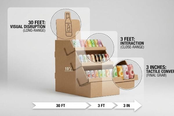 Corrugated beverage display for 3 Drink Rule: 30ft, 3ft, 3in engagement zones, 15-degree angled shelf.