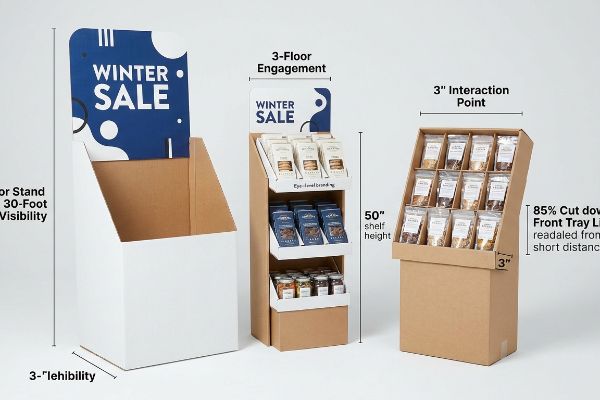 Three cardboard retail displays, featuring a 50-inch shelf height unit with
