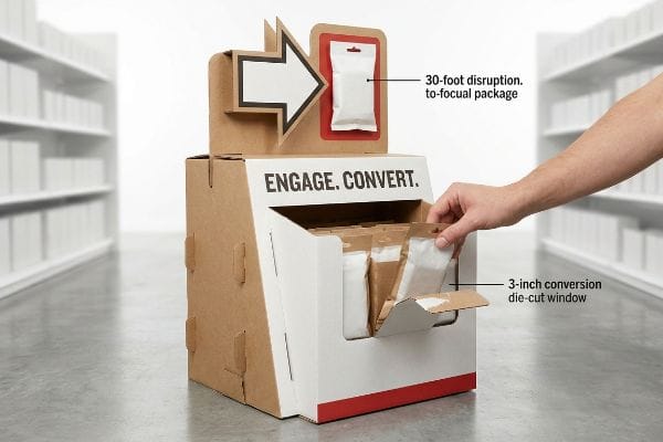 Présentoir de vente au détail en carton avec le texte « Engager. Convertir. », emballage central disruptif de 9 mètres, fenêtre découpée de conversion de 7,6 cm, produit tiré à la main.