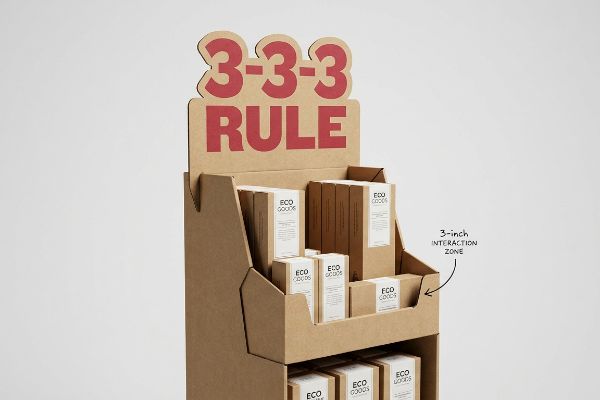茶色の段ボール製店頭ディスプレイ。「3-3-3ルール」の見出しと「エコグッズ」の商品ボックスが配置され、「3インチのインタラクションゾーン」が強調されている。.