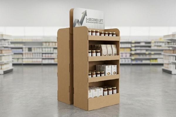 Brown corrugated end-of-aisle display with '3-Second Lift' header, holding jars and boxes on four shelves in a supermarket.
