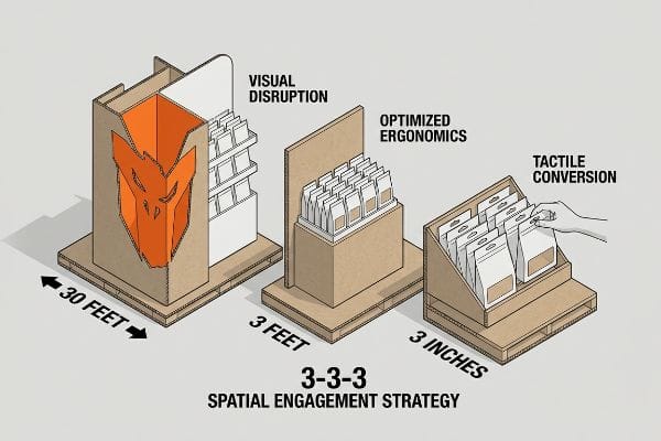 Cardboard displays show 3-3-3 Spatial Engagement Strategy: Visual Disruption (30 Feet), Optimized Ergonomics (3 Feet), Tactile Conversion (3 Inches).