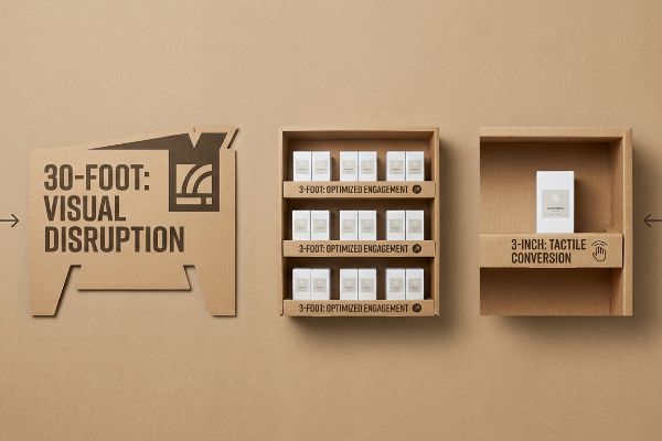 Die-cut cardboard display demonstrating 3-3-3 spatial engagement: 30-Foot Visual Disruption, 3-Foot Optimized Engagement, and 3-Inch Tactile Conversion.