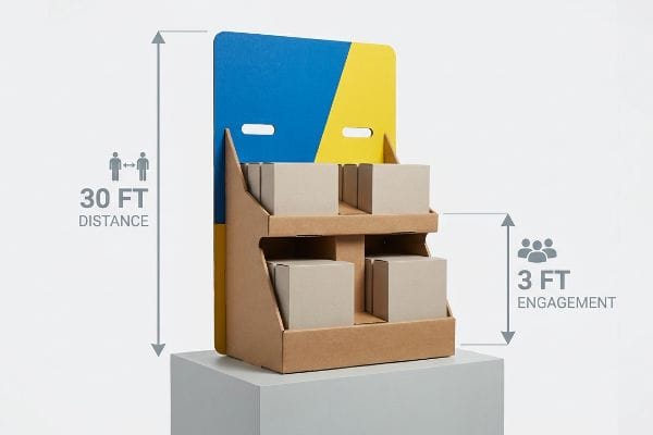 Corrugated retail display, blue and yellow, illustrates 30 FT DISTANCE for visual disruption.