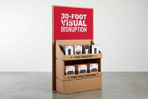 Brown cardboard display with red '30-Foot Visual Disruption' header, ALU product boxes, '3-Foot Engagement', '3-Inch Tactile Conversion'.