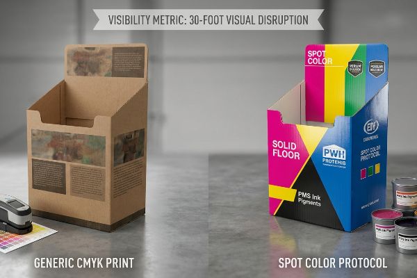 Corrugated displays: faded Generic Cmyk Print vs. vibrant Spot Color Protocol with Pms Ink Pigments, for 30-foot disruption.