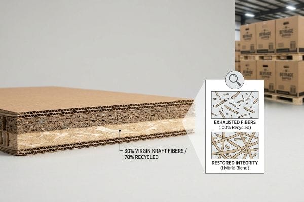Mezcla de fibra corrugada Sección transversal del cartón ondulado: 30 % Kraft virgen, 70 % híbrido reciclado, con fibras agotadas contrastantes y una integridad restaurada.